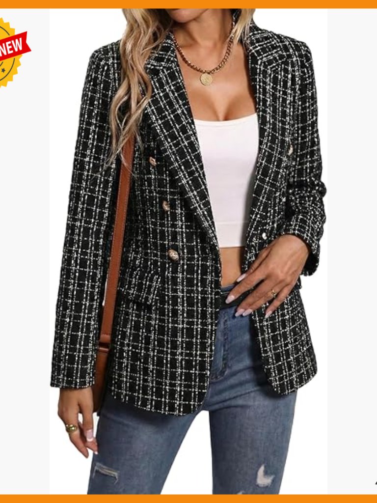 Tweed Plaid Blazer Jacket Fully Lined Business Casual Work Coat Pockets